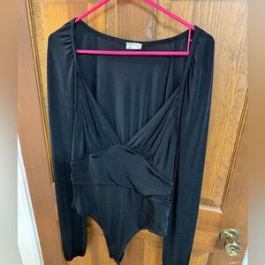 Free People Black Long-Sleeve V-Neck Draped Bodysuit
